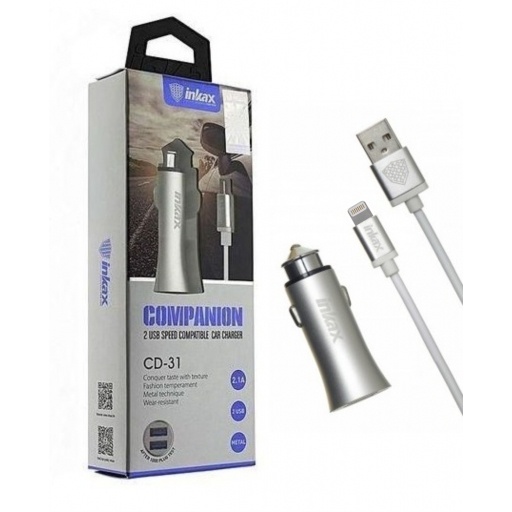 Cargador auto Dual Inkax silver c/Cable Iphone 2.1A NNET