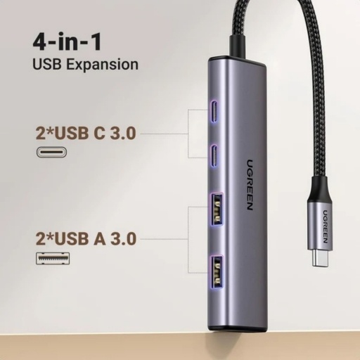 Hub Ugreen USB-C 4 Puertos 5 Gbps Aluminio Gris